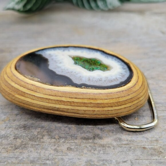 Carved Wood Brass Belt Buckle Inset Sliced Agate Geode Enamel Unisex - Picture 9 of 13